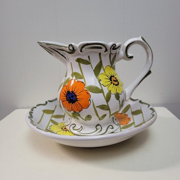Vintage Vibrant Orange Yellow Floral Pitcher and Bowl Set Made in Italy - Picture 3 of 10